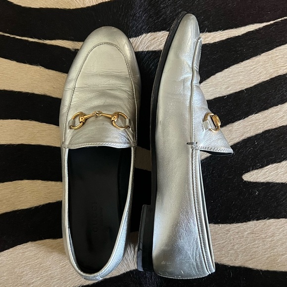 Gucci Silver Leather Jordaan Horsebit Slip On Loafers - Picture 2 of 3